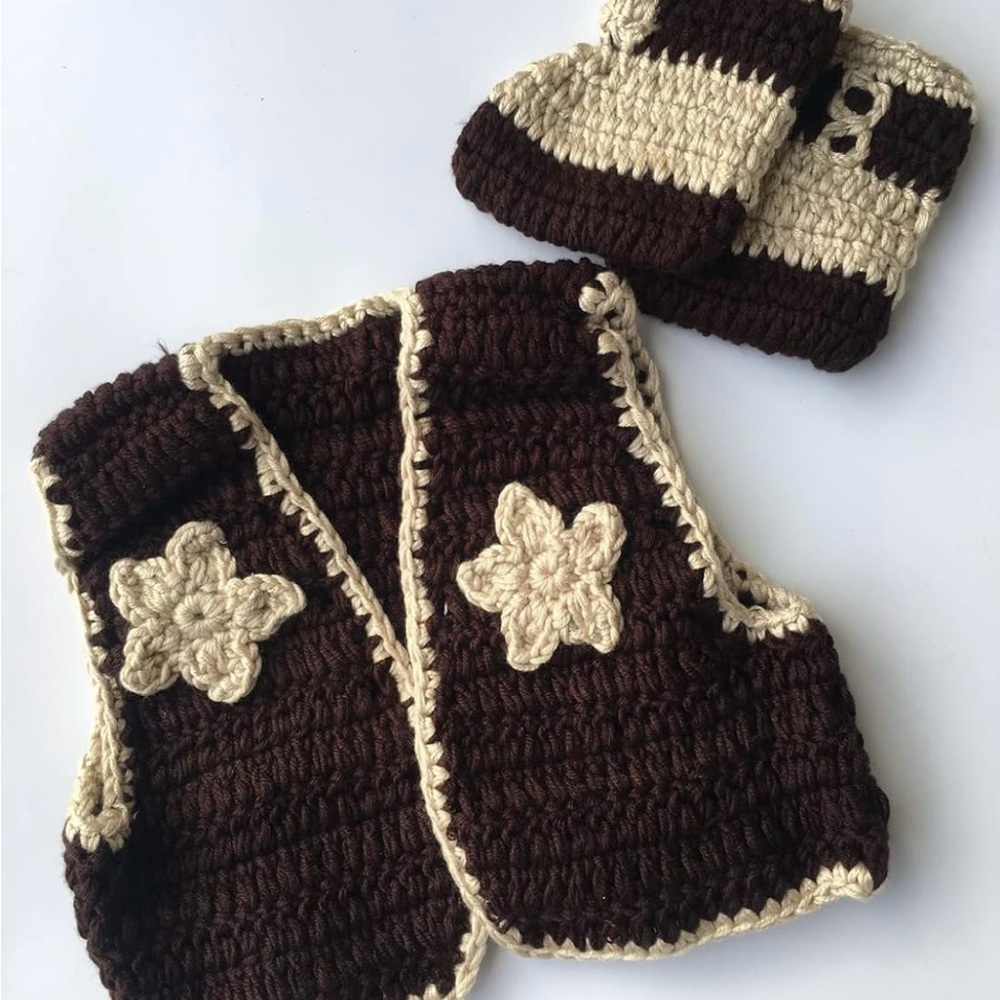 Kids Crochet Vest and Beanie Set - Brown & Cream